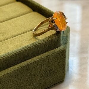 14k GOLD & OPAL Cabochon & Diamond Baguette Three-Stone Ring